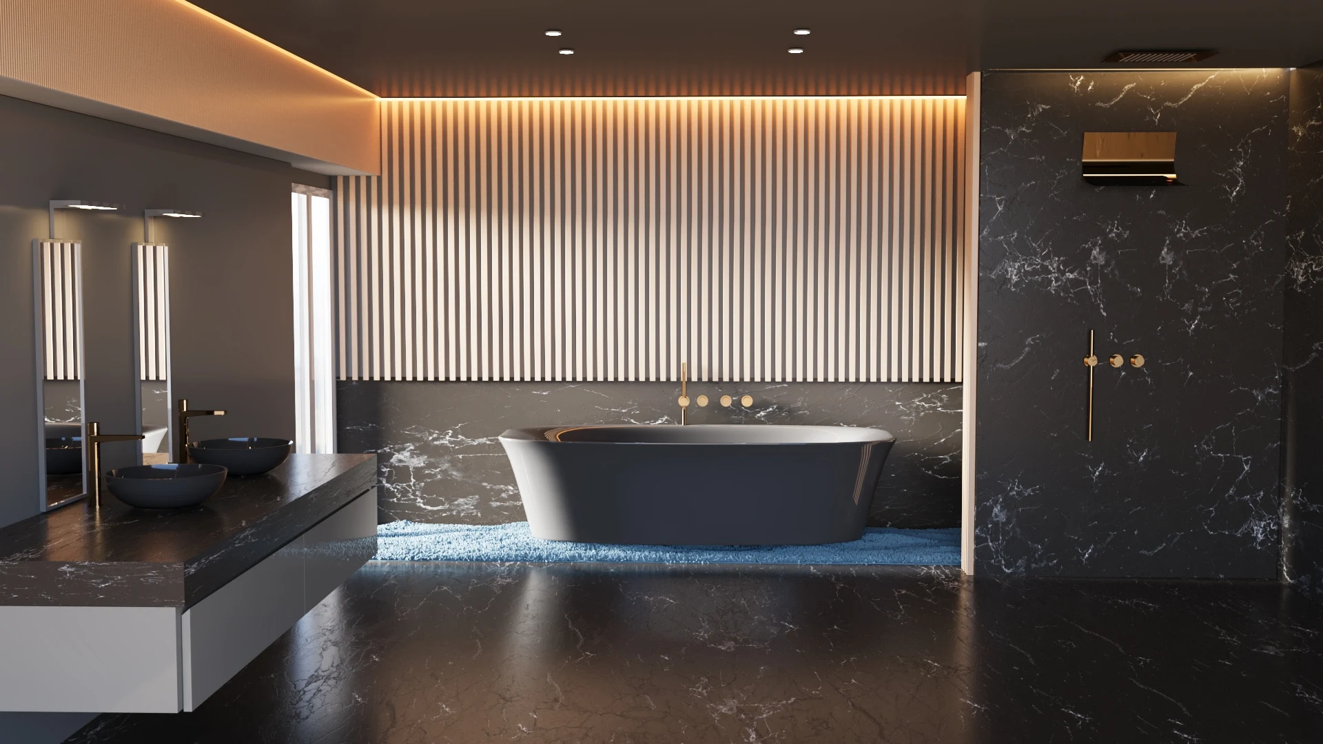 Luxury bathroom with a dark freestanding bath, stone surfaces and vertical timber detailing