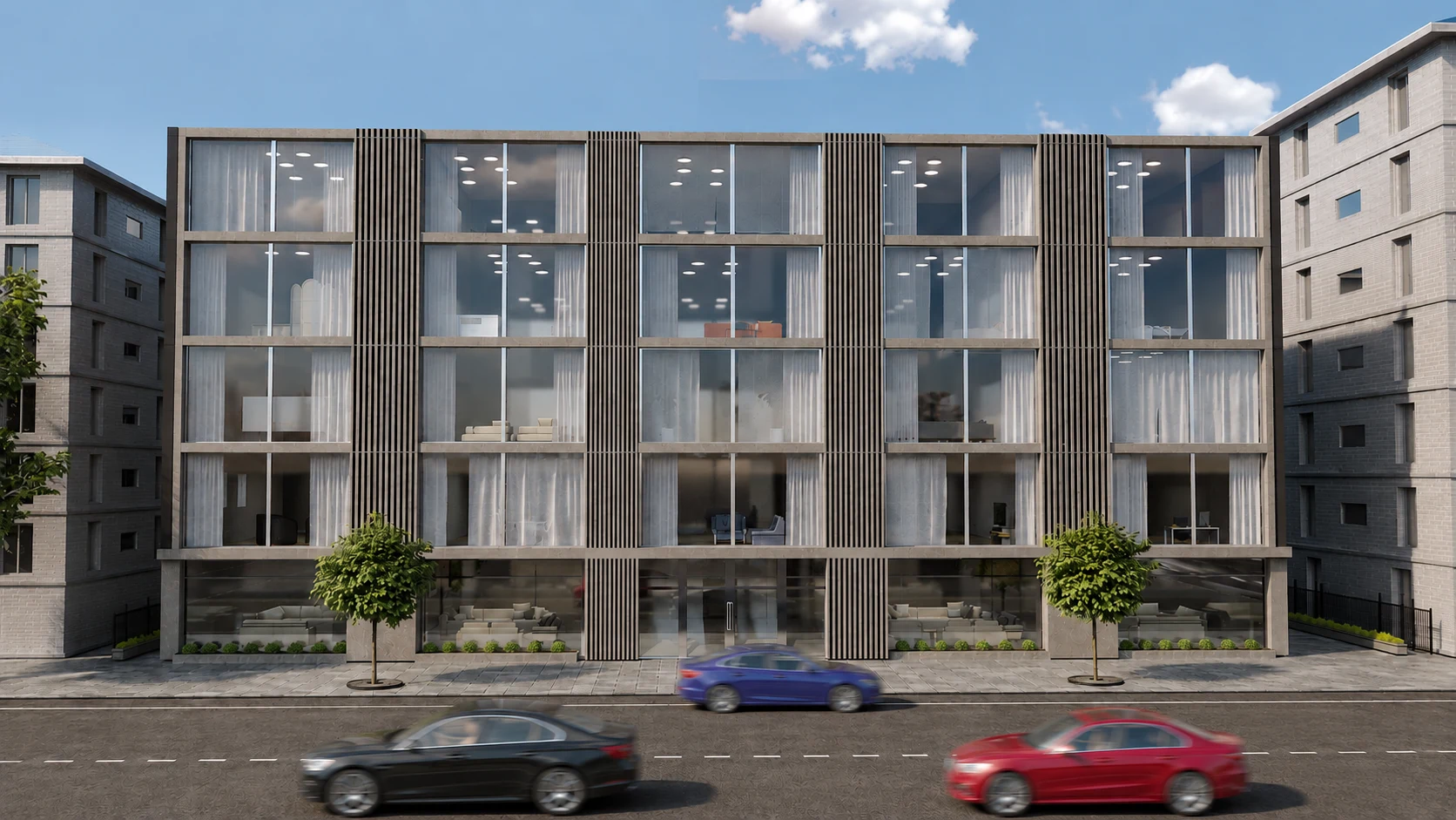 Modern urban building with a glazed facade and vertical fins
