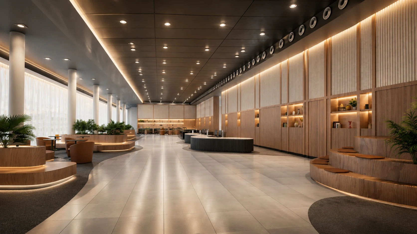Google Open Space interior with timber walls, integrated planting and warm lighting