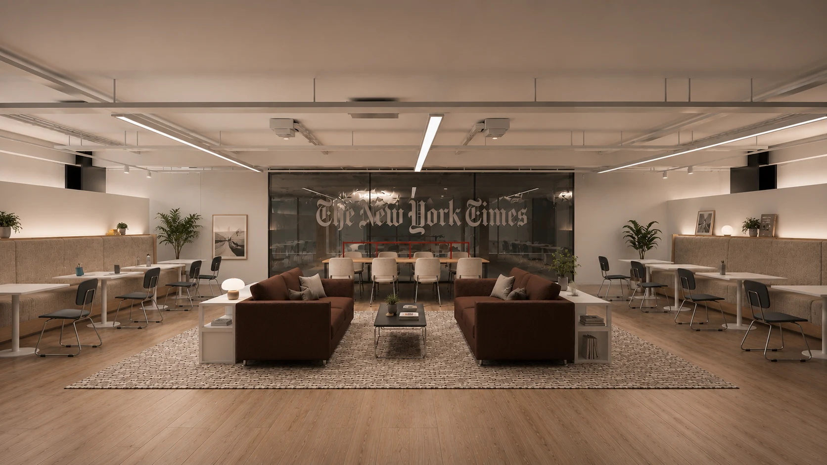 The New York Times lounge with warm wood finishes and informal seating