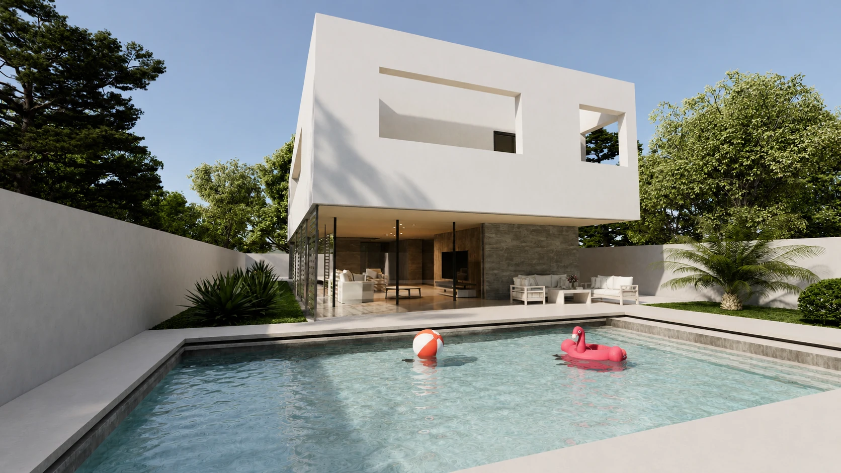 White contemporary villa opening onto a sunlit swimming pool