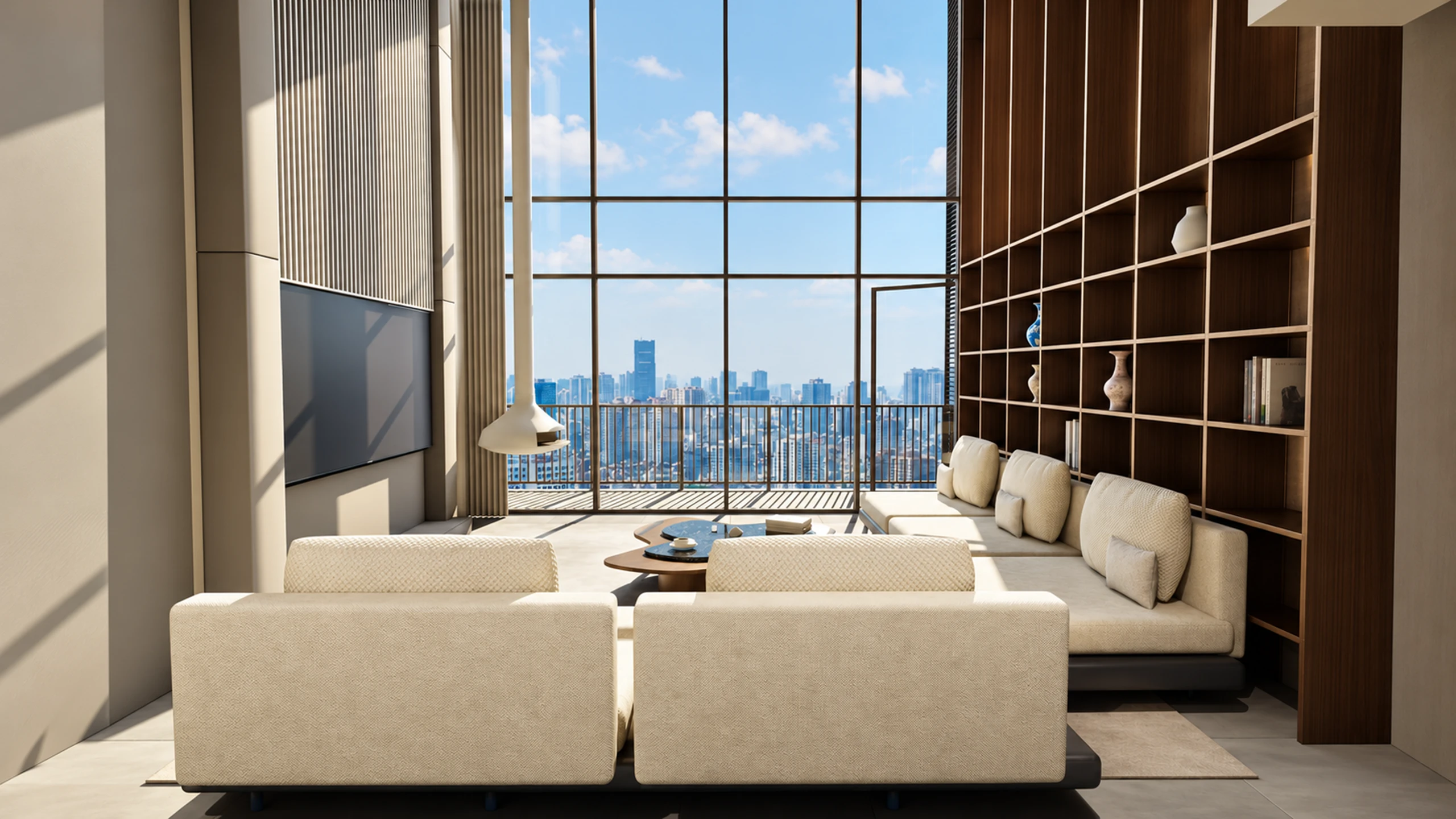 Double-height residential living room overlooking the city skyline