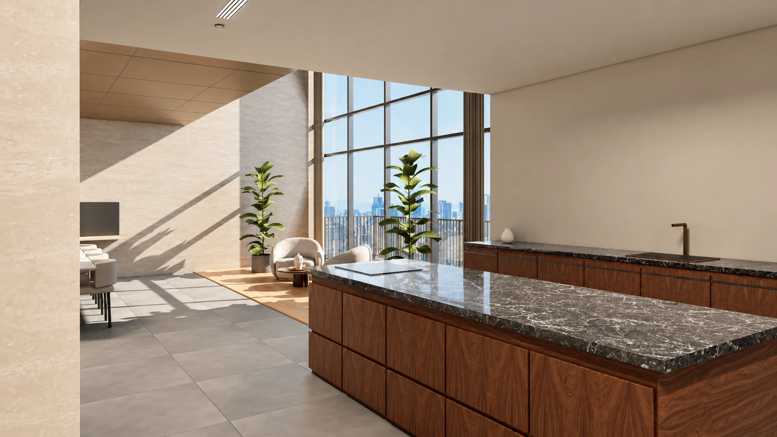Timber kitchen and polished stone island opening towards the living room
