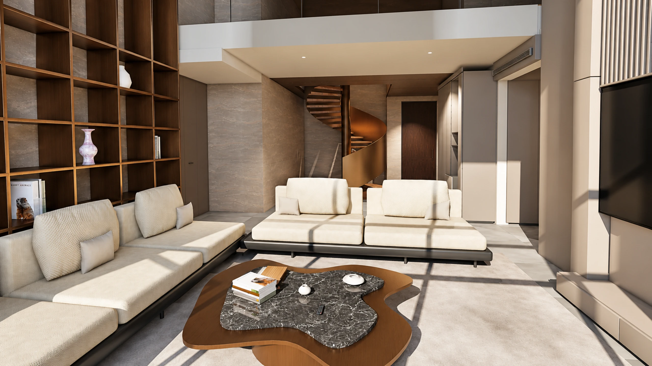 Sunlit living space with timber shelves and a sculptural spiral staircase